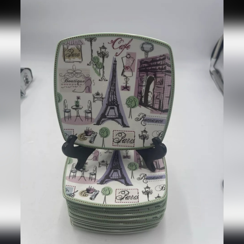 222 Fifth 6” Appetizer Plates Tres Chic Paris Pattern Eiffel Tower 4 Set